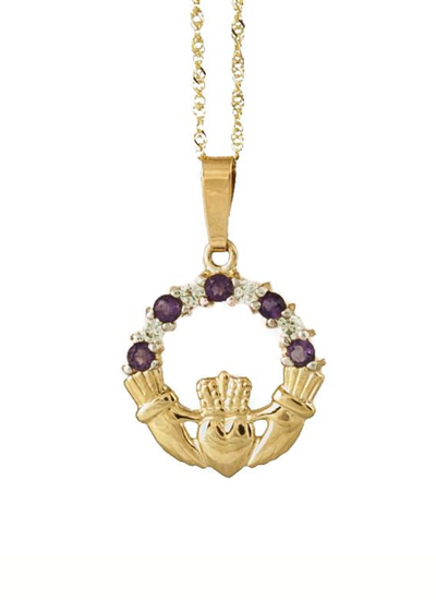 10ct Gold Stone Set Claddagh Pendant with Cubic Zirconia